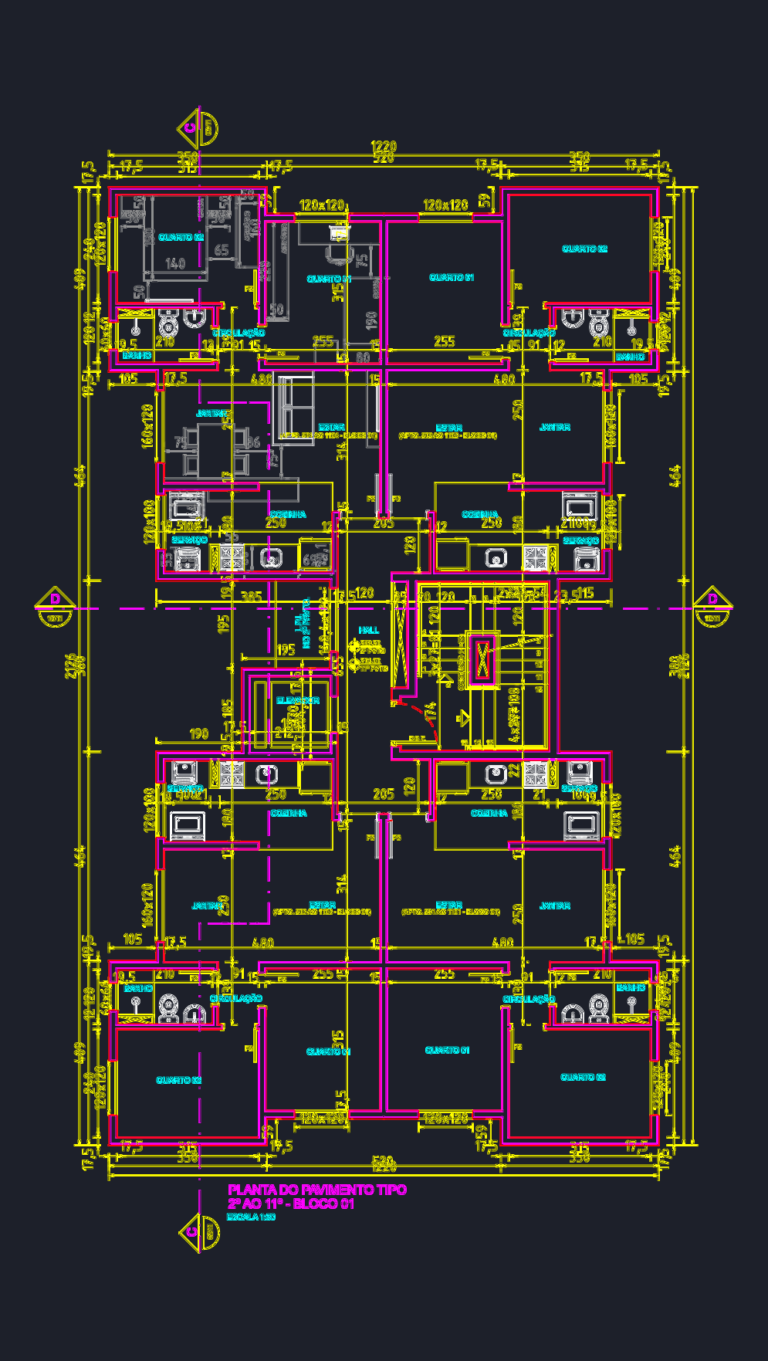 Symmetrical 2D floor plan for a residential building with two 2-bedroom units, central elevator hall, and staircase.