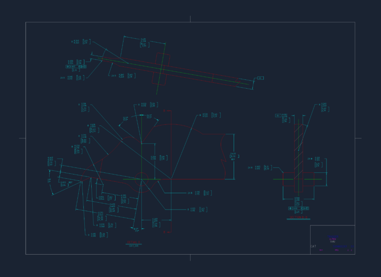 Engineering drawing of an ULTEM trigger component with Section B-B, Detail D, and dual-dimensioned callouts.