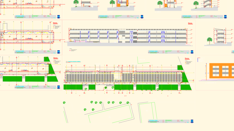 Architectural drawing set for a university classroom building including floor plans, sections, and elevations.