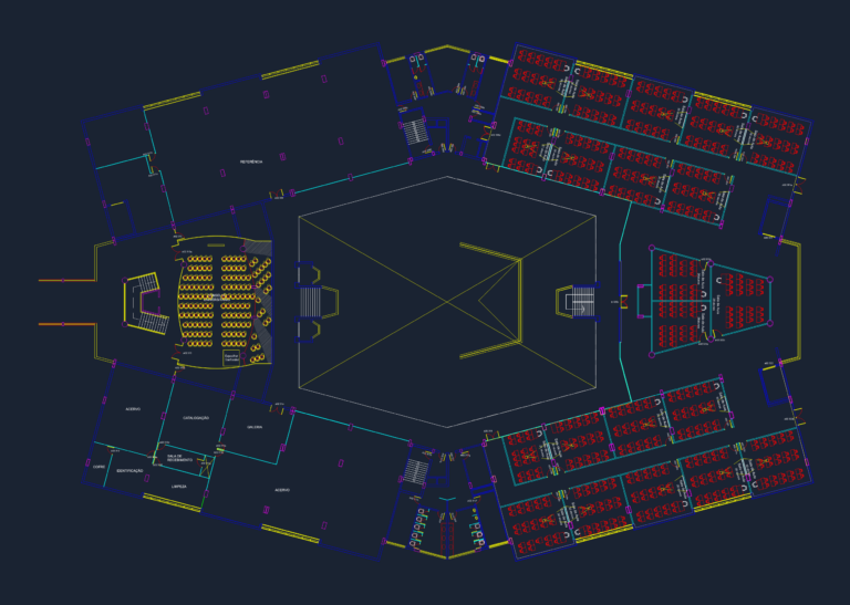 2D floor plan of a university library with classroom seating, administrative offices, and a central void.