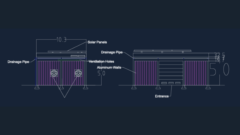 CAD elevations of a steel utility shed with roof solar panels, aluminum walls, ventilation fans, and drainage pipes.