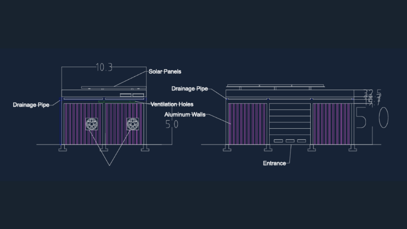 Steel and Aluminum Shed with Solar Panels DWG – Plan & Elevations