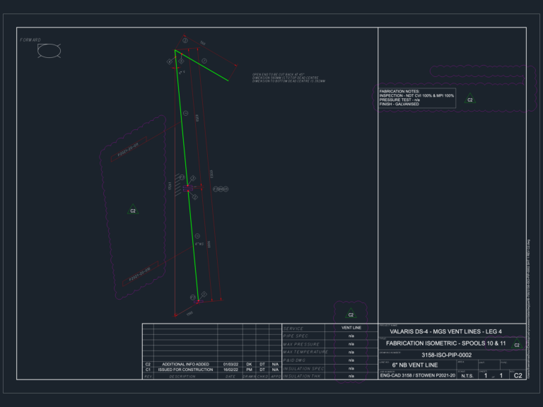 Fabrication isometric drawing of a 6 inch NB vent line spool with vertical runs, skew boxes, and NDT inspection notes.
