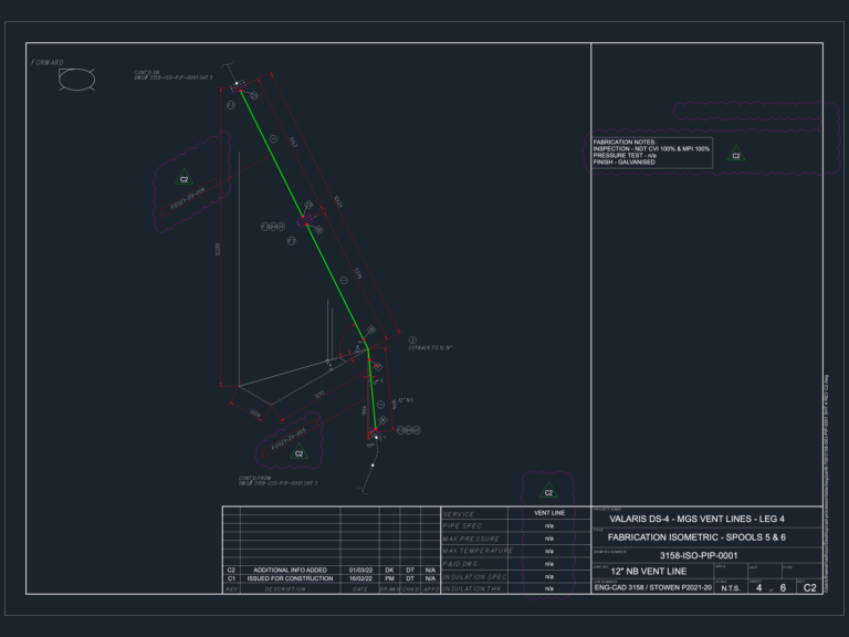Technical CAD drawing of a 12-inch vent line piping fabrication isometric with dimensions and fabrication notes.