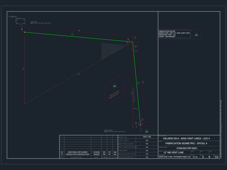 Fabrication isometric drawing of a 12-inch NB vent line spool with dimensions, NDT notes, and galvanized finish.