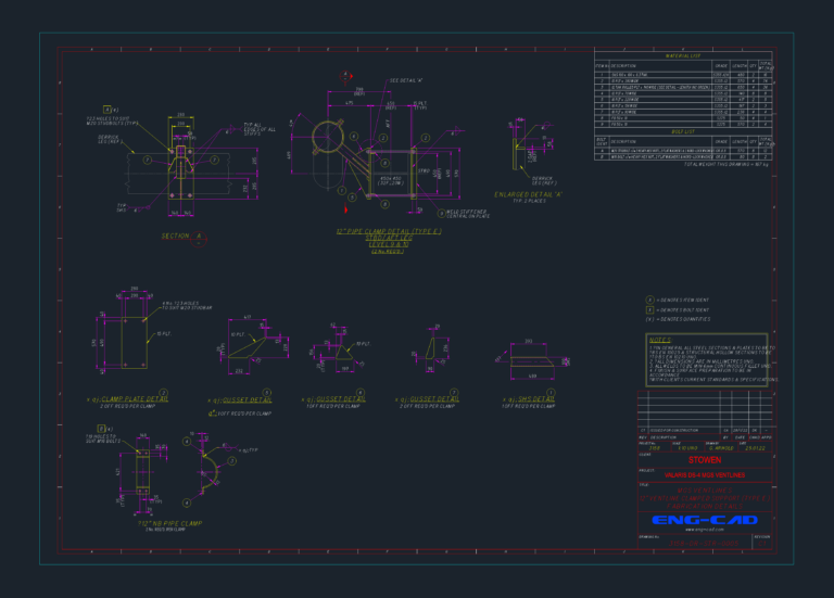 CAD fabrication drawing for a 12-inch ventline pipe clamp with material list, bolt list, and gusset details.