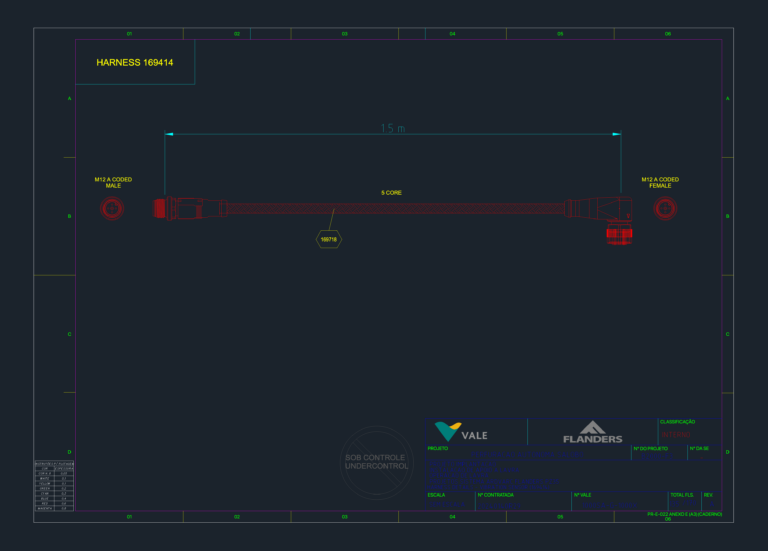 Electrical detail of a vibration sensor harness with M12 A-coded connectors, 5-core cable, and pinout diagrams.