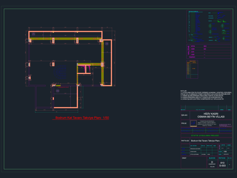 Structural drawing showing a villa basement ceiling reinforcement plan with structural legends and staircase details.