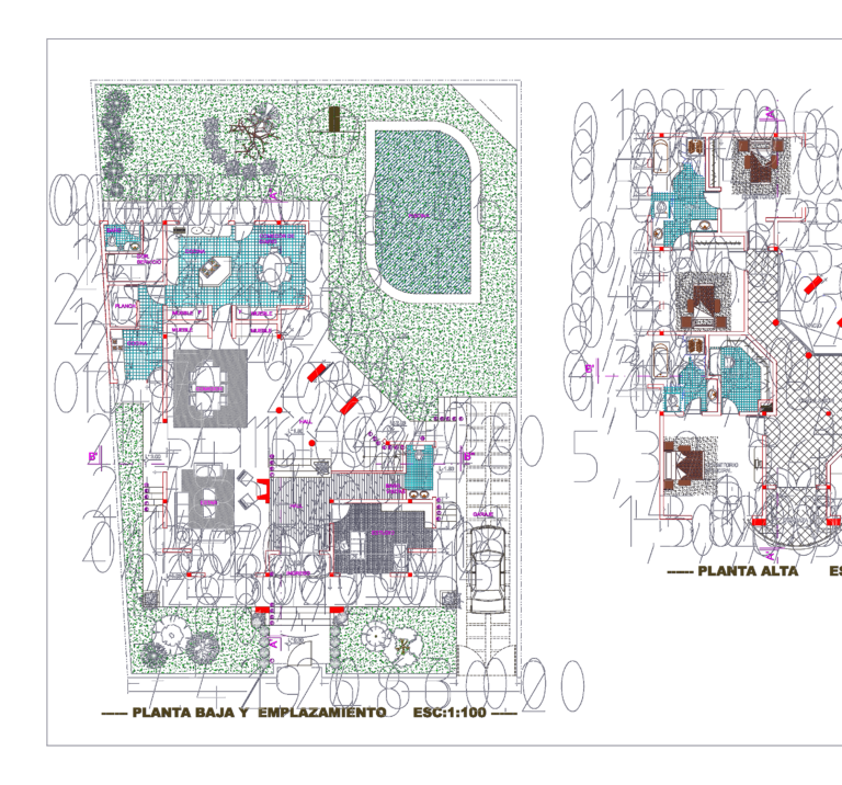 Ground and upper floor plans for a three-story villa with swimming pool, garage, and landscaping layout.