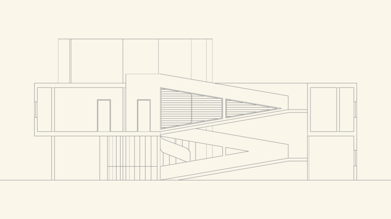 Architectural section drawing of Villa Savoye showing the central circulation ramp and interior floor levels.