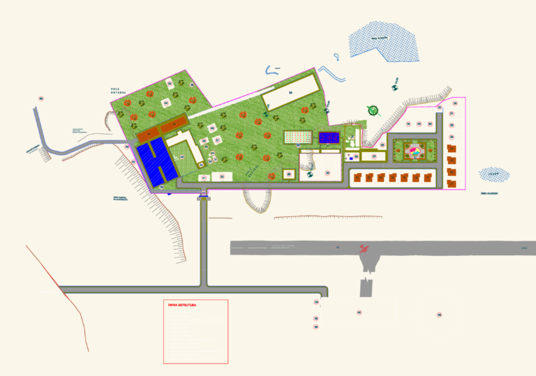 Master site plan for a residential villa complex showing housing units, sports courts, landscaping, and infrastructure.