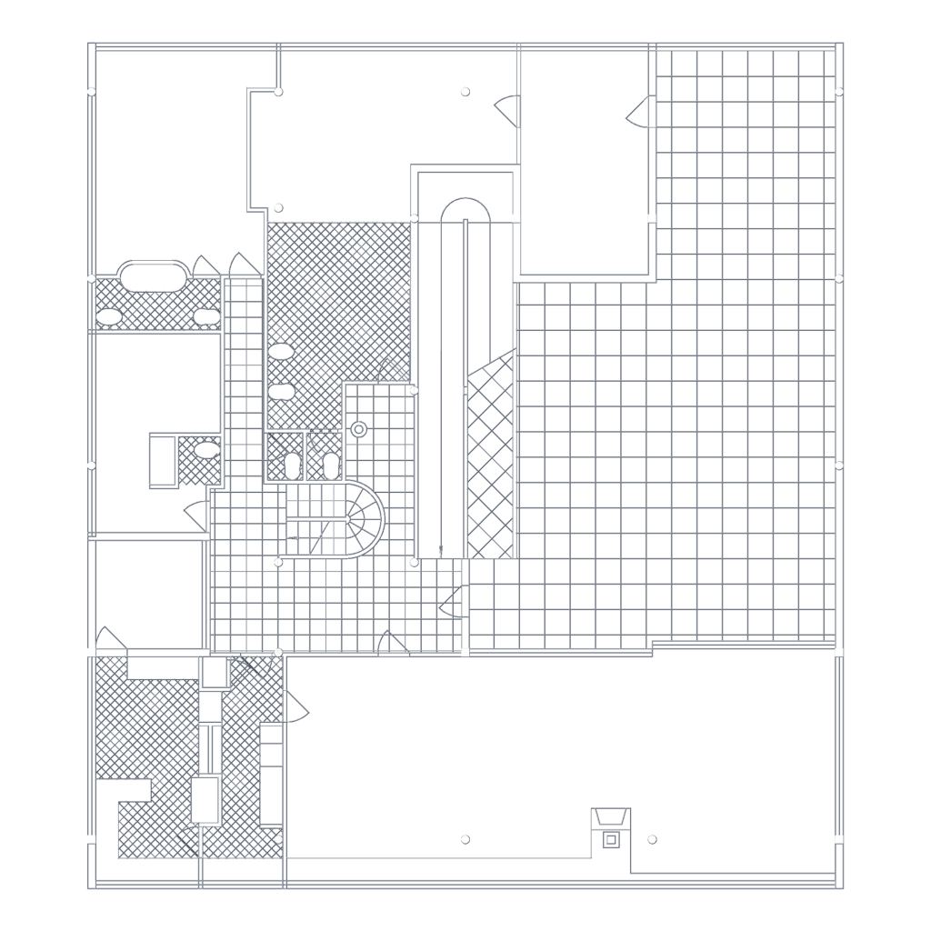 Villa Savoye first floor architectural plan showing the central ramp and large outdoor terrace.