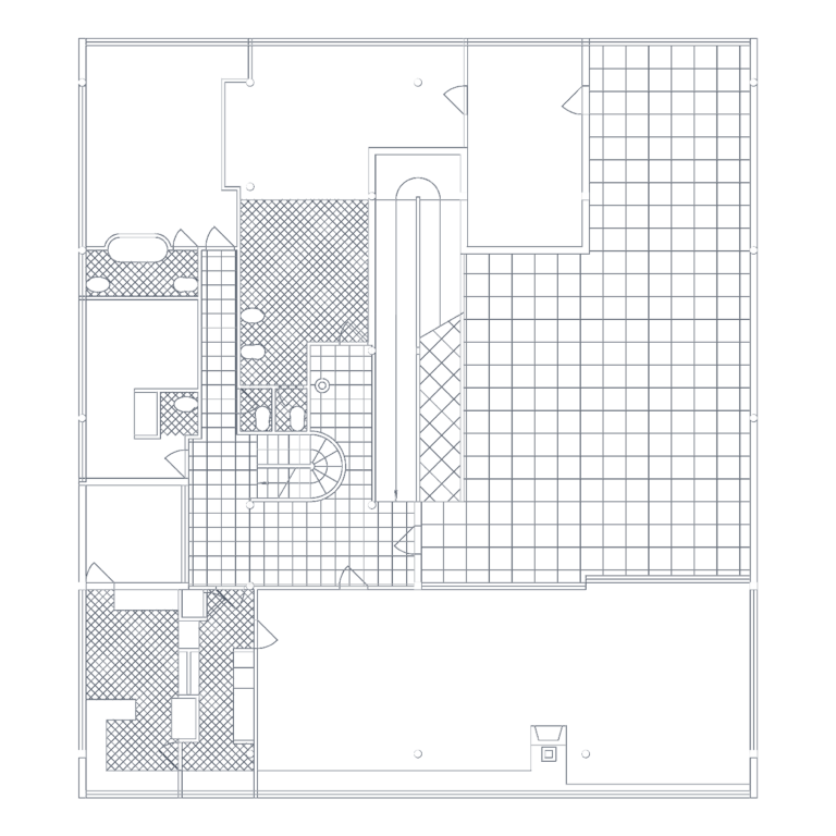 Villa Savoye first floor architectural plan showing the central ramp and large outdoor terrace.