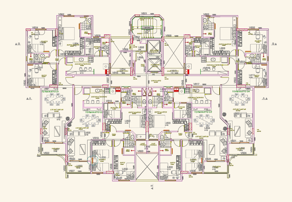 CAD floor plan of a multi-unit residential floor with four apartments, suites, elevators, and stairs.