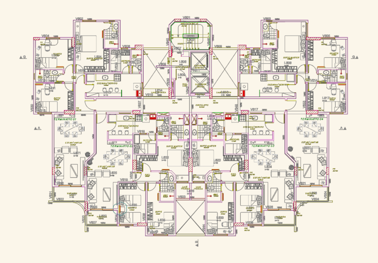 CAD floor plan of a multi-unit residential floor with four apartments, suites, elevators, and stairs.