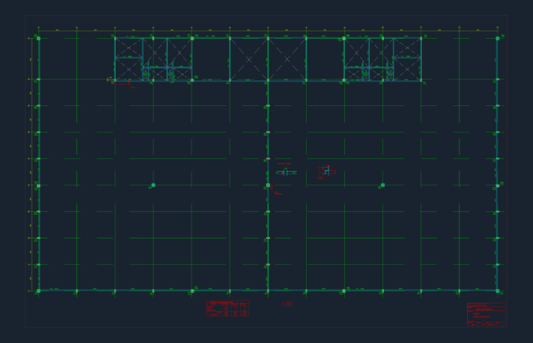 Structural CAD plan showing warehouse foundation formwork with beam layout, column grid, and neoprene joint detail.