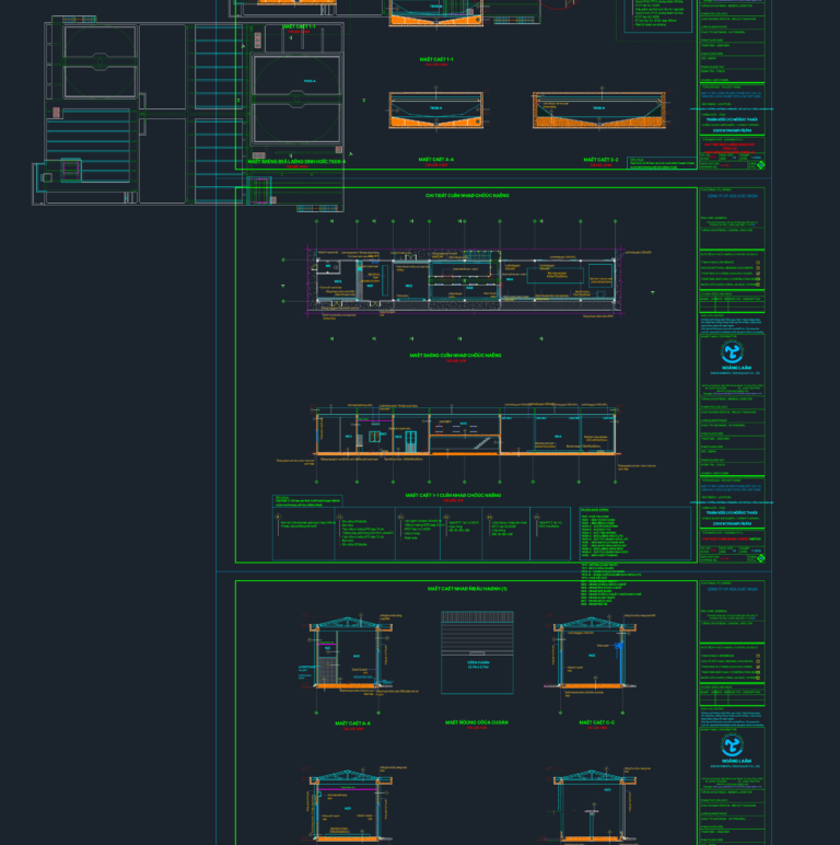 Technical CAD drawings for an industrial wastewater treatment plant showing tank sections, floor plans, and elevations.