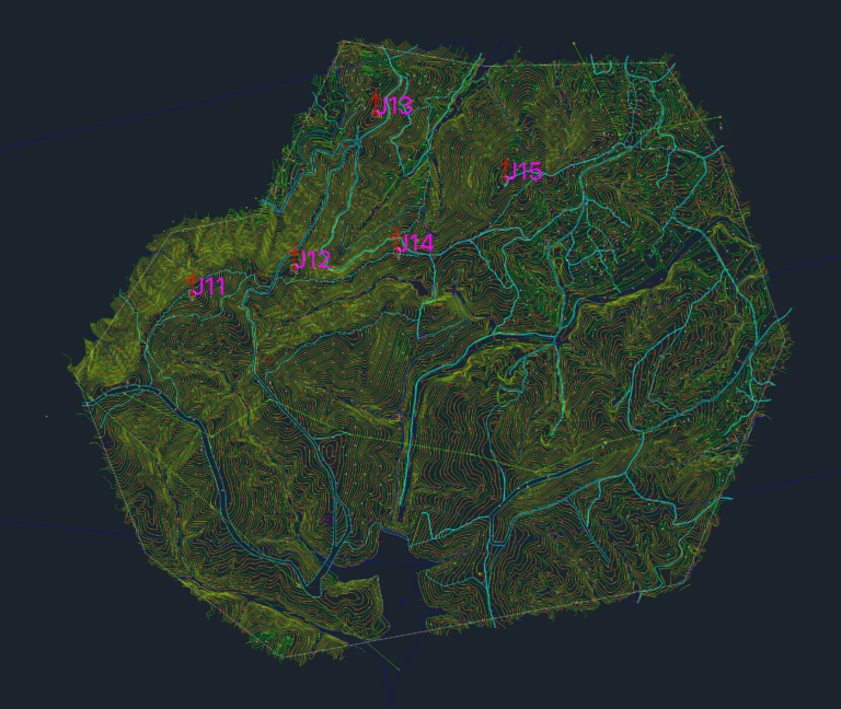 Topographic map of a wind farm showing dense contour lines, turbine labels J11 to J15, and infrastructure layouts.