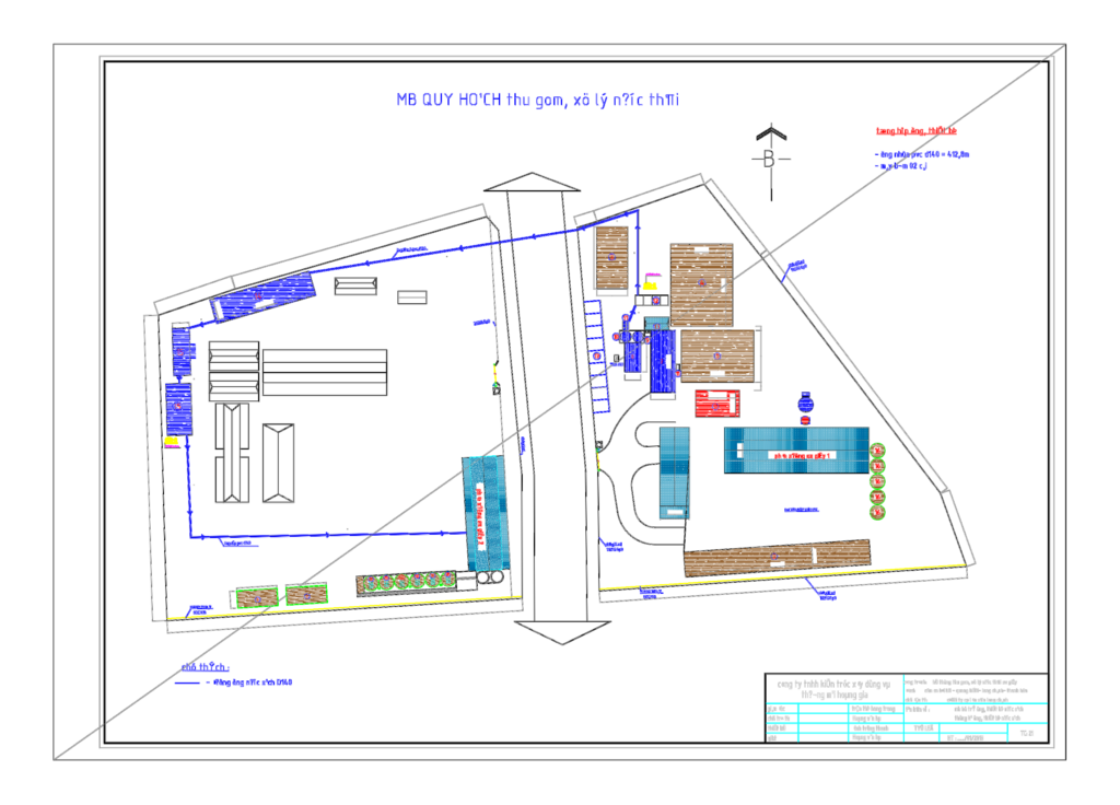 CAD site plan of an industrial wastewater treatment system for a paper factory featuring PVC drainage and tank layouts.
