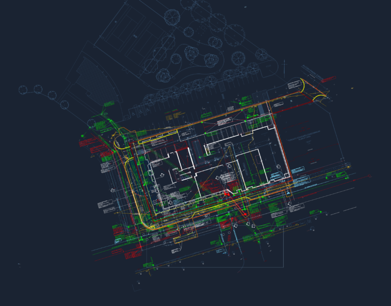 CAD site plan for a retail building showing sanitary and storm sewer infrastructure with colored utility line annotations.