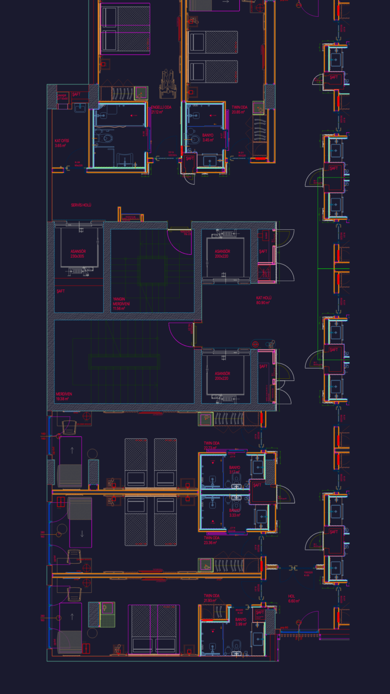 CAD floor plan of hotel rooms and corridors with technical furniture details, wall cladding sections, and elevator shafts.