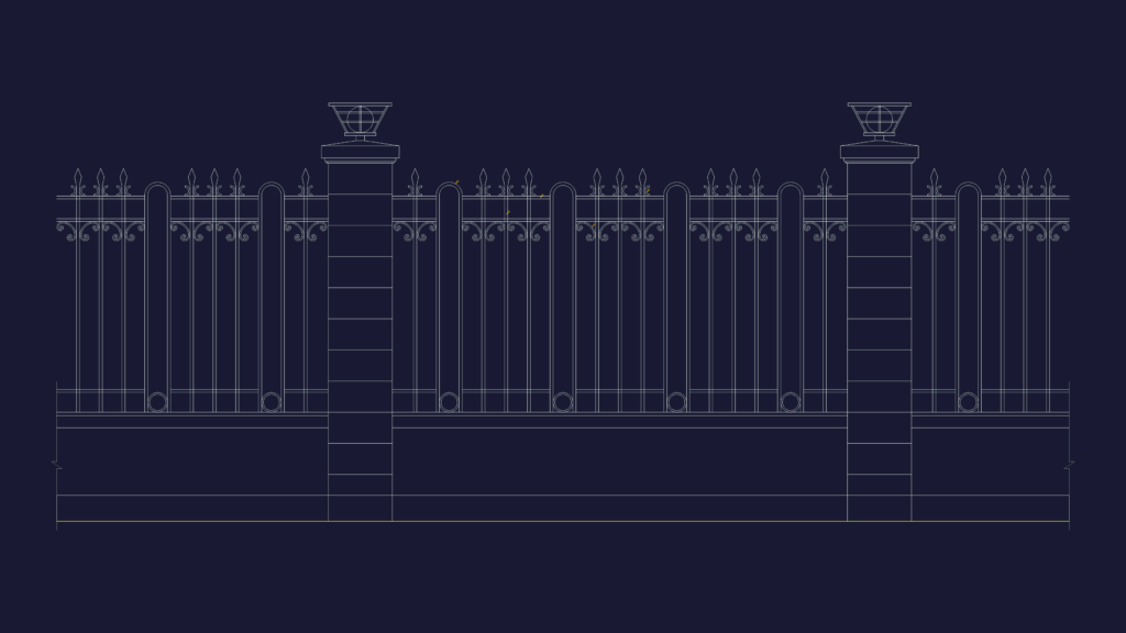 CAD elevation of an ornate wrought iron fence between two masonry pillars with post-top lamps and scrollwork detail.