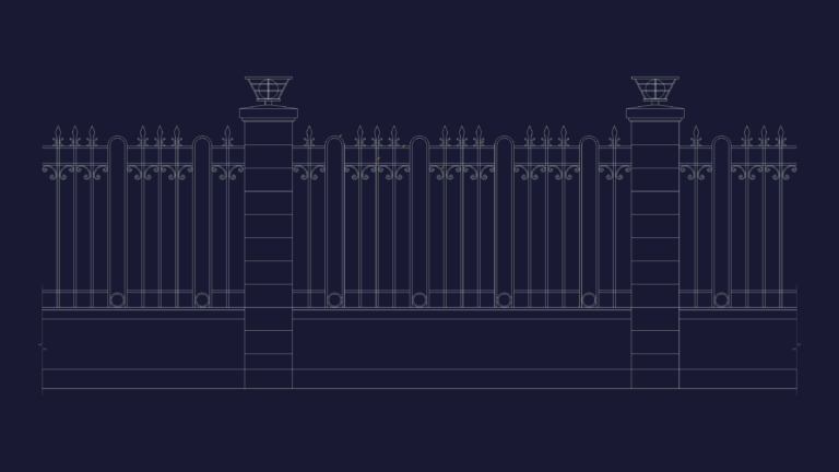 CAD elevation of an ornate wrought iron fence between two masonry pillars with post-top lamps and scrollwork detail.