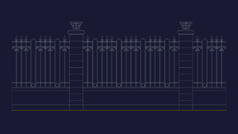 Wrought iron fence elevation with decorative masonry pillars