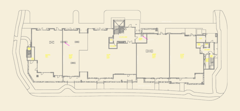 CAD floor plan of the Alpine Building first level showing retail, office, cafe, and lobby areas.