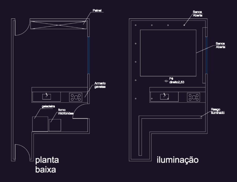 2D floor plan of a small kitchen side-by-side with a reflected ceiling lighting plan showing cove light details.