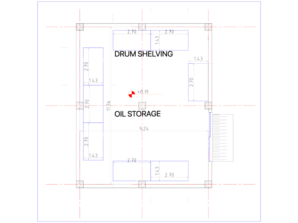 CAD plan view of an oil storage building with drum shelving layouts and column grid for a metro workshop facility.