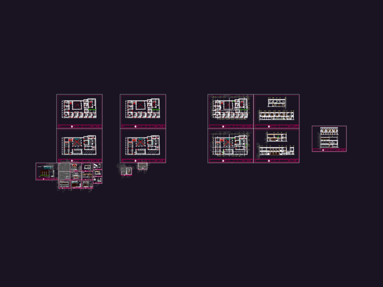 Architectural drawing set showing floor plans, elevations, and furniture details for a hotel project.