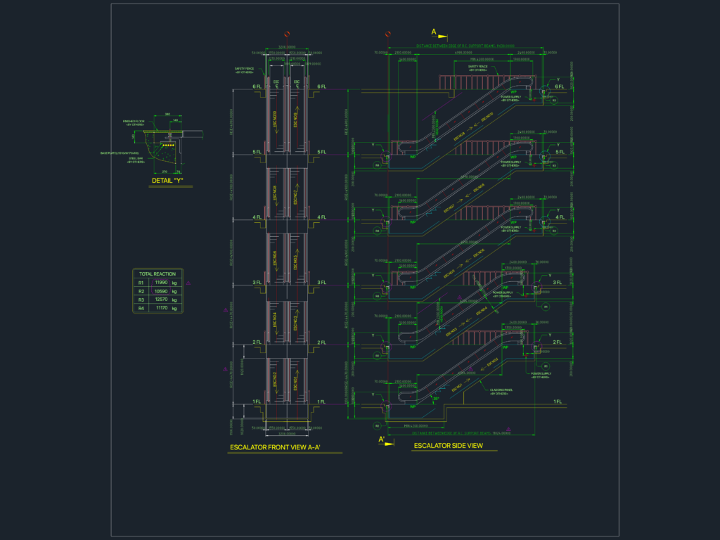2D CAD drawing showing side and front elevations of a 6-story escalator with structural load specifications.