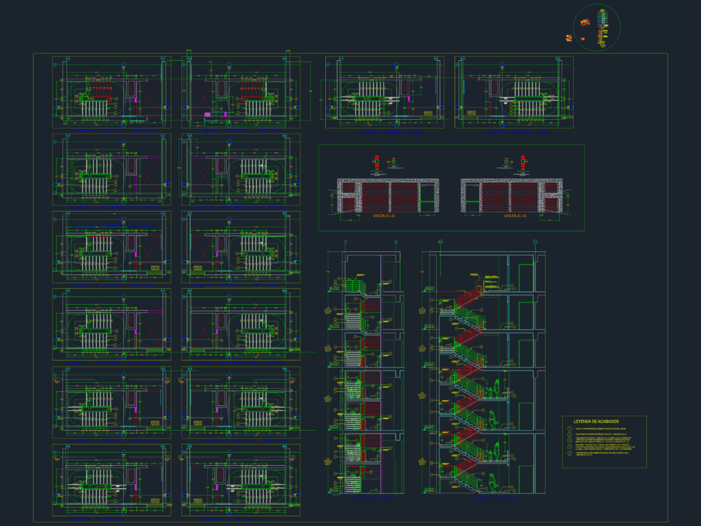 CAD technical drawing of emergency staircase plans, sections, and handrail details for a multi-level building.
