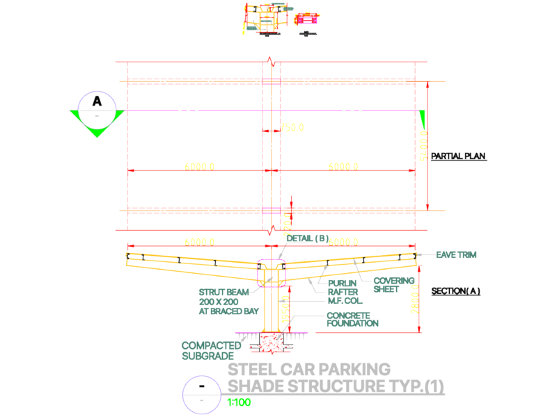Structural details and section for a steel car parking shade