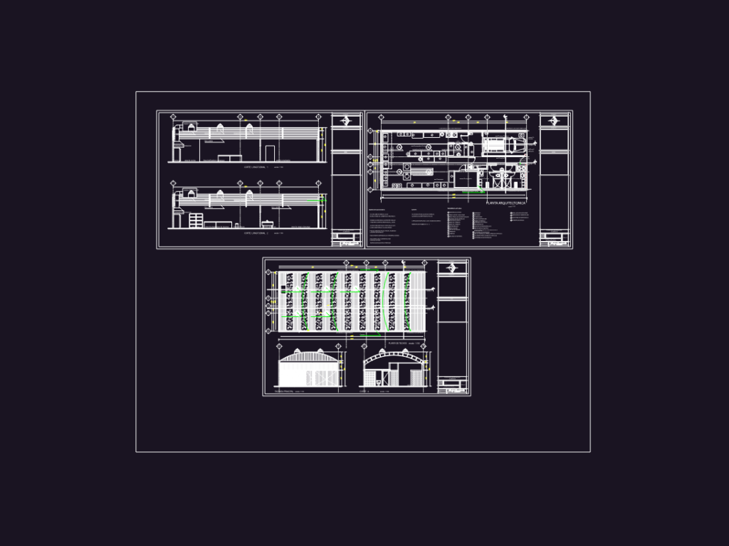 Architectural floor plan and sections for a food processing facility with equipment layout.