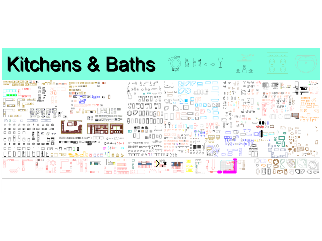 CAD layout showing various kitchen and bathroom blocks including sinks, toilets, tubs, and kitchen cabinets.