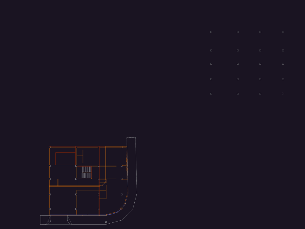 3D floor plan layout of a large administrative office building with structural columns and stairs.