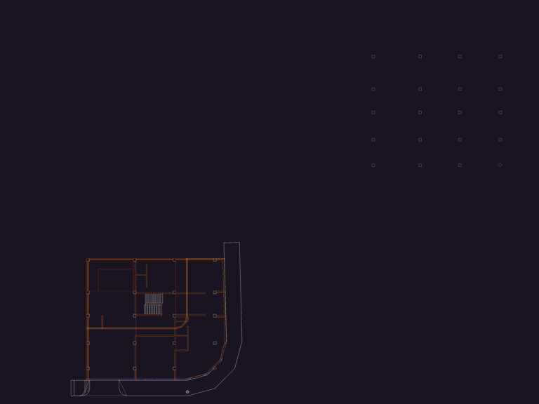 3D floor plan layout of a large administrative office building with structural columns and stairs.