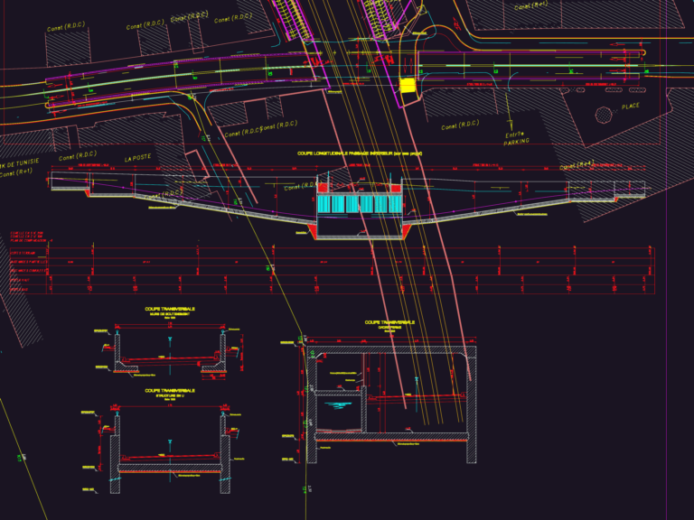 Technical drawings of a road and pedestrian underpass including plan, longitudinal profile, and cross sections.