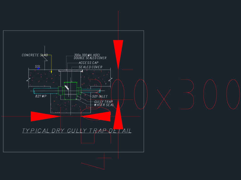 CAD section drawing of a dry gully trap with 300x300 HDCI cover and waste pipe inlets.
