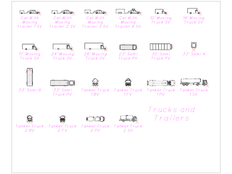 CAD blocks of moving trucks, semi-trailers, and tankers in side and plan views.