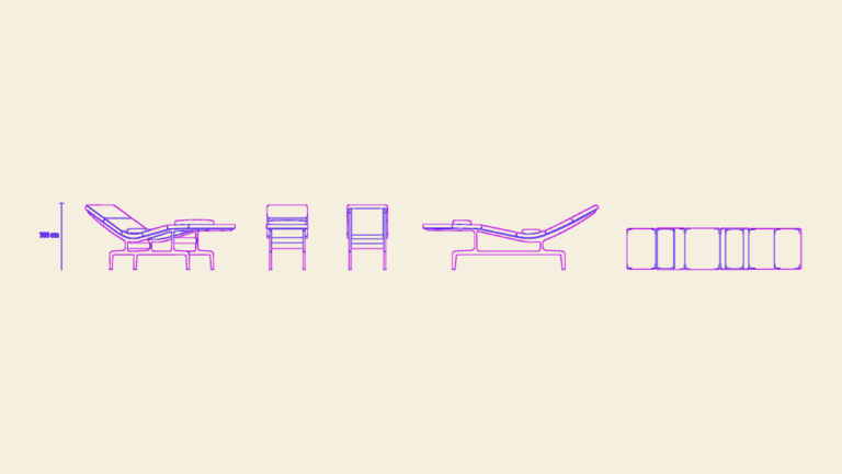 2D CAD drawings of a Soft Pad Chaise showing side, front, rear, and top plan views with height dimensions.