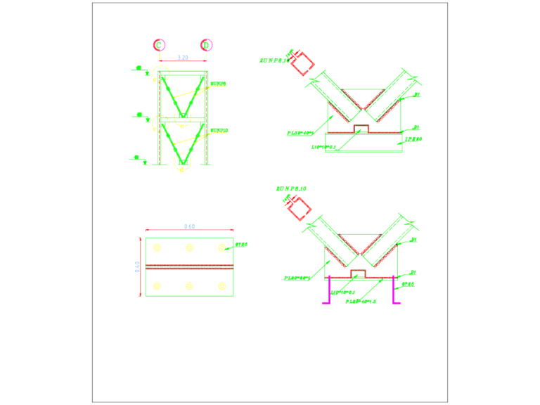 Technical drawing of steel V-bracing connection details with plate specifications and member sections.