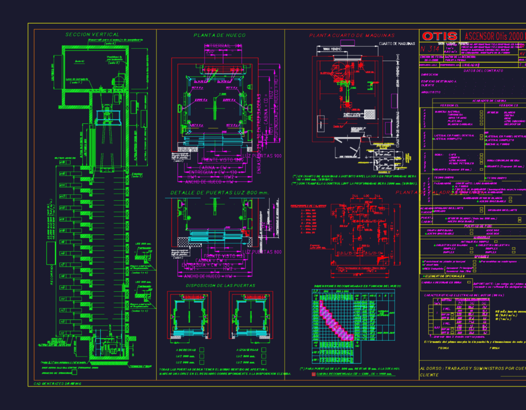 Technical CAD drawing showing elevator shaft sections, machine room plans, and Otis elevator specifications.