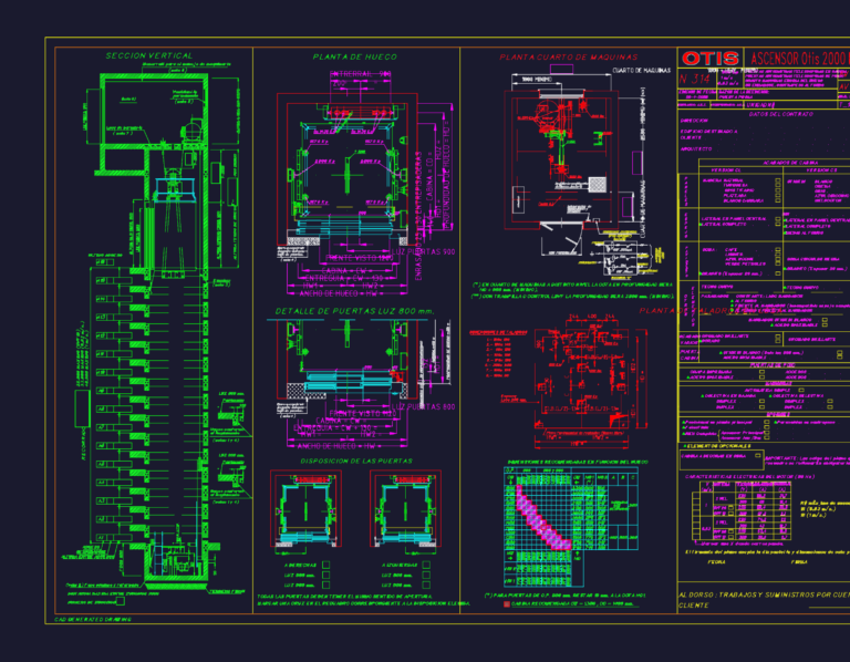 Technical CAD drawing showing elevator shaft sections, machine room plans, and Otis elevator specifications.