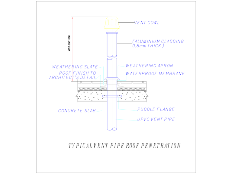 CAD section drawing of a typical vent pipe roof penetration through a concrete slab.