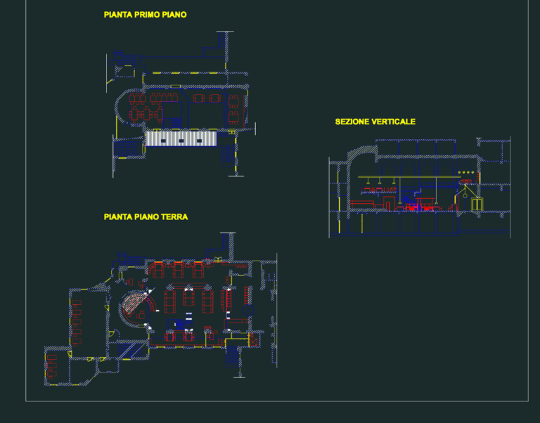 Library CAD floor plans for ground and first floor and a vertical section view.