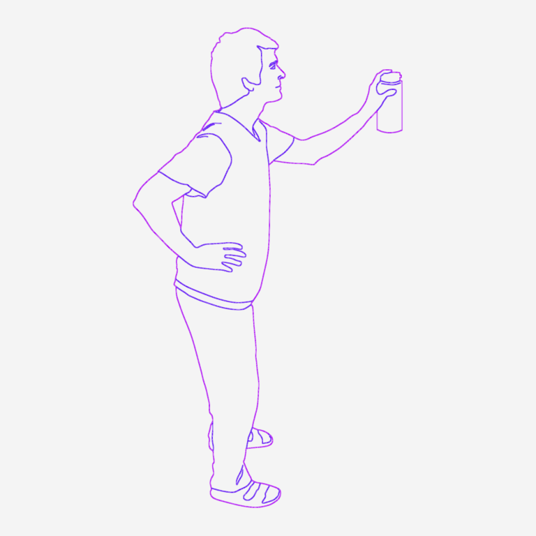 2D CAD drawing of a man spraying from a can in side elevation.