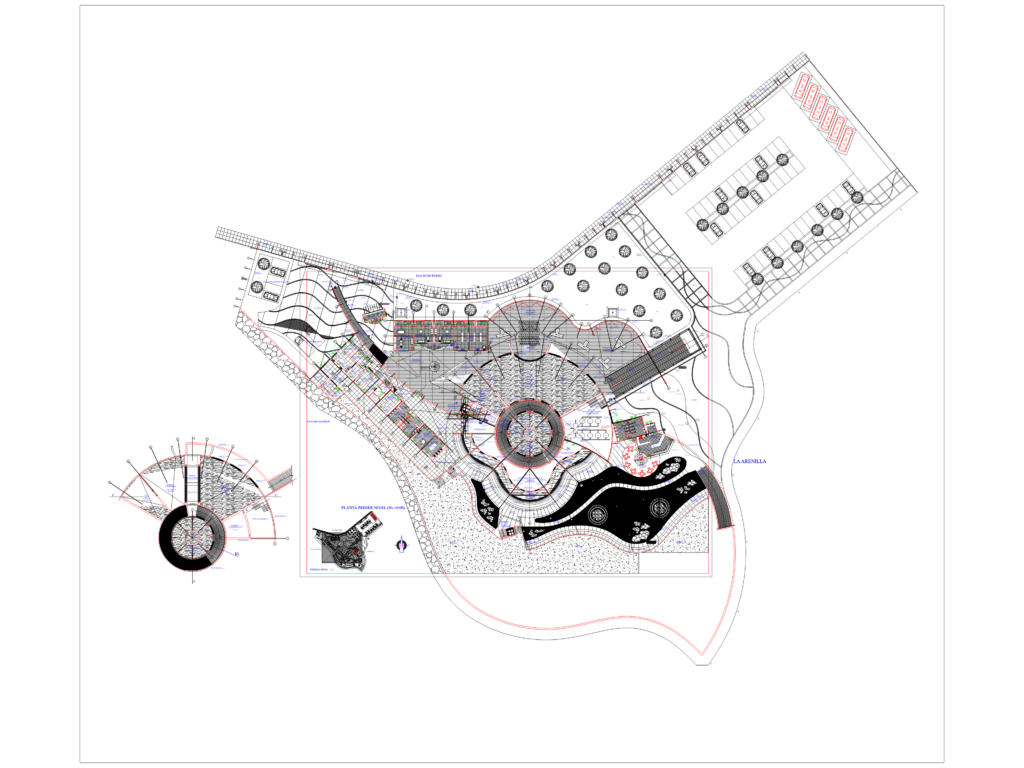 Architectural floor plan of a large aquarium building showing tanks, exhibition zones, and parking.
